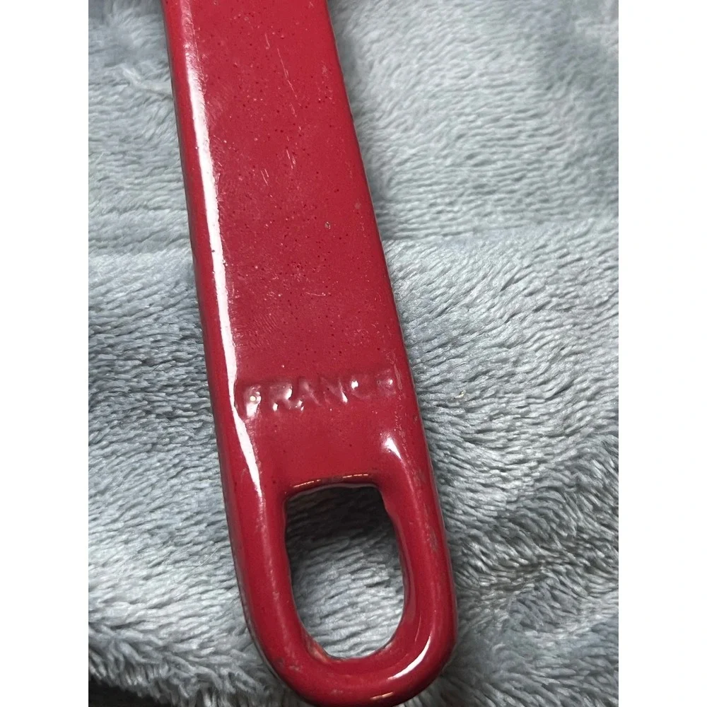 Vintage French Red Enamel Cast Iron Skillet Cream Interior Hanging Handle